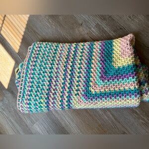 VTG 70s Afghan Blanket Crochet Hippie Boho Multi Color Handmade Blue Pink Cream
